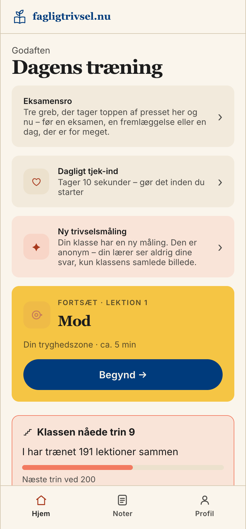 Elevens forside med dagens check-in og din sti