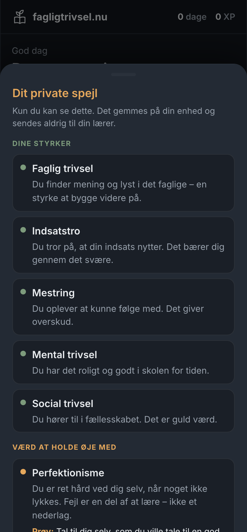 Elevens private spejl i appen