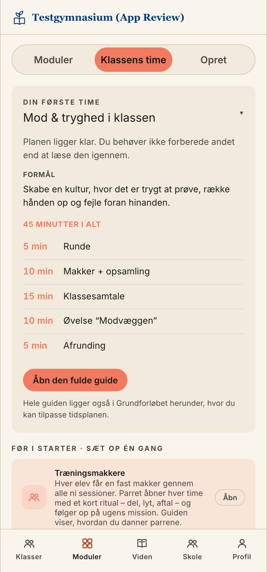 Klassens time-session for læreren: Mod og tryghed i klassen med formål og 45-minutters tidsplan